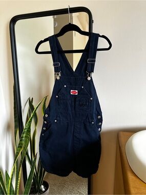 Revolt Navy Blue Short Overalls with Red Plaid Patch